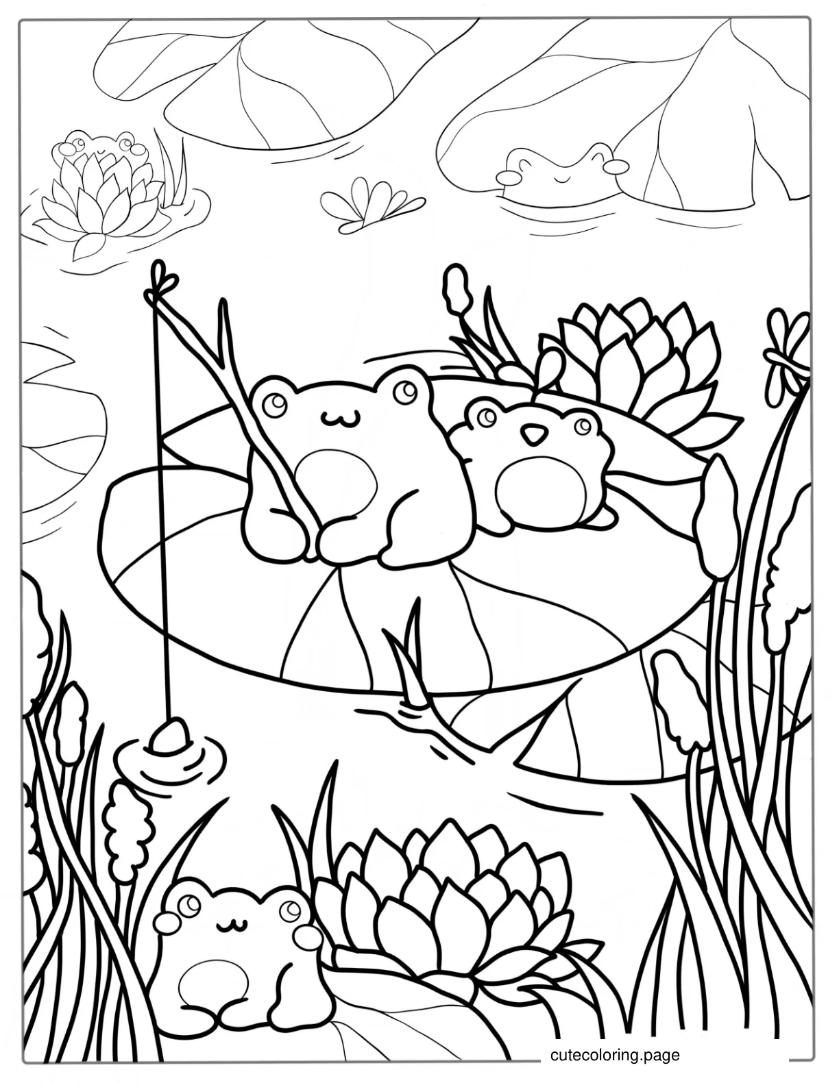 Kawaii Frogs Sitting In Pond To Color coloring page