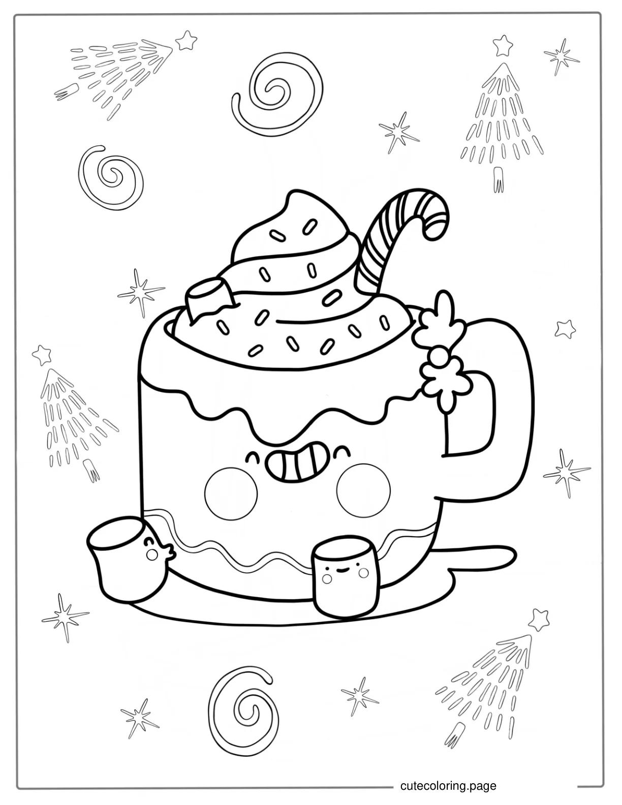 Kawaii Hot Chocolate With Marshmallow Coloring Sheet coloring page