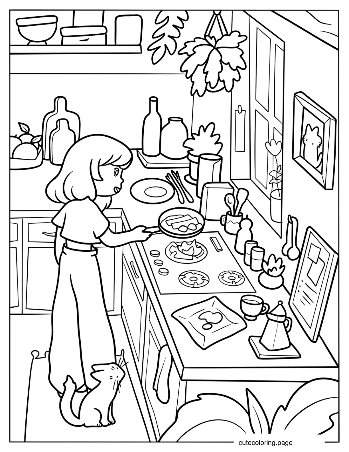 Cartoon Girl Cooking In The Kitchen With Cat coloring page