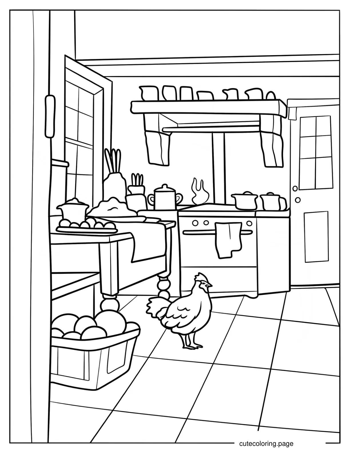 Chicken Inside A Large Kitchen coloring page