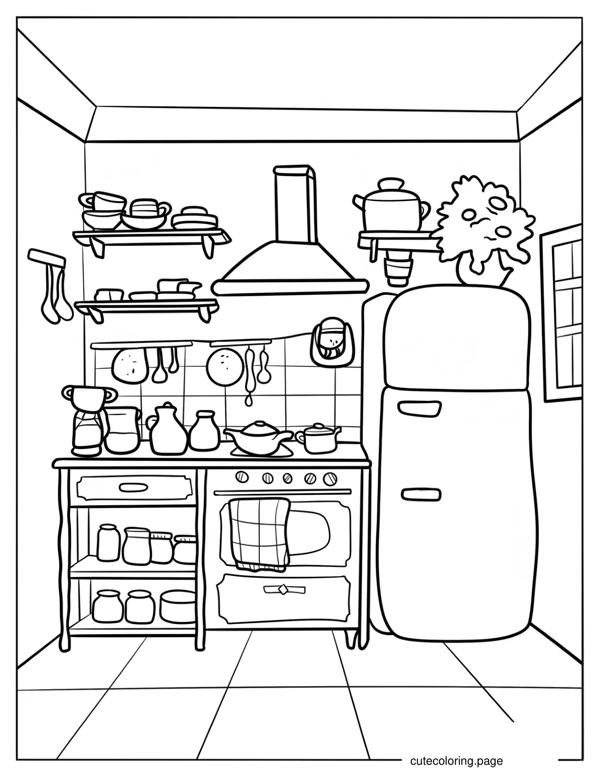 Cozy Cartoon Kitchen With Refrigerator And Stove Coloring Page coloring page