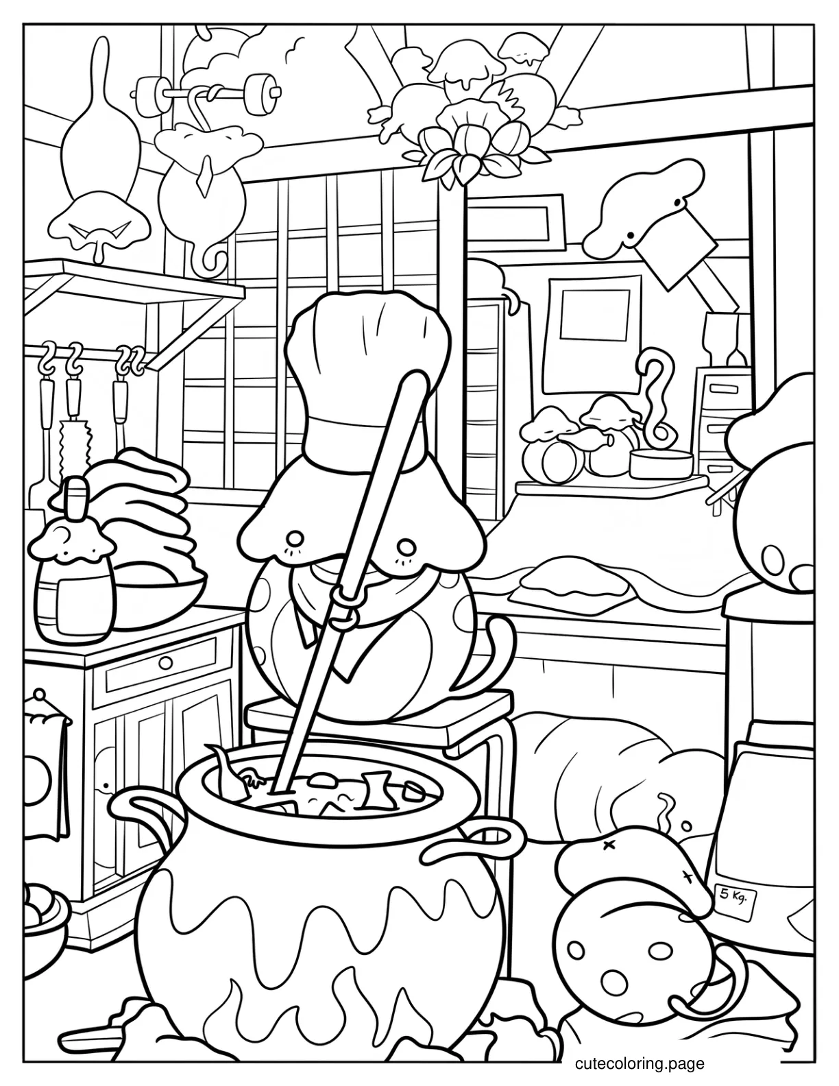 Cute Creature Stirring Pot In Magical Kitchen coloring page