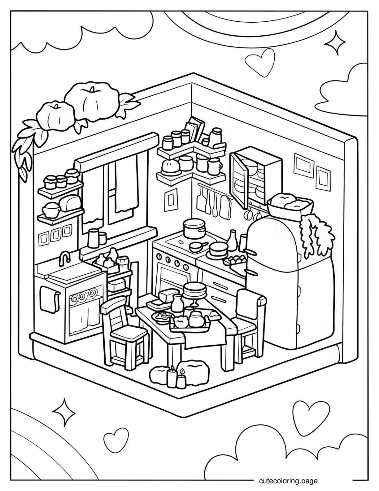 Detailed Isometric Kitchen Coloring Page coloring page