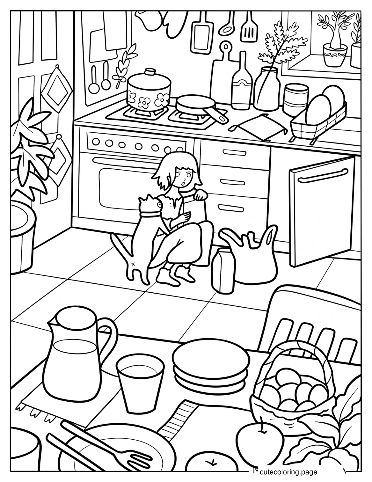 Girl Putting Away Groceries In The Kitchen coloring page