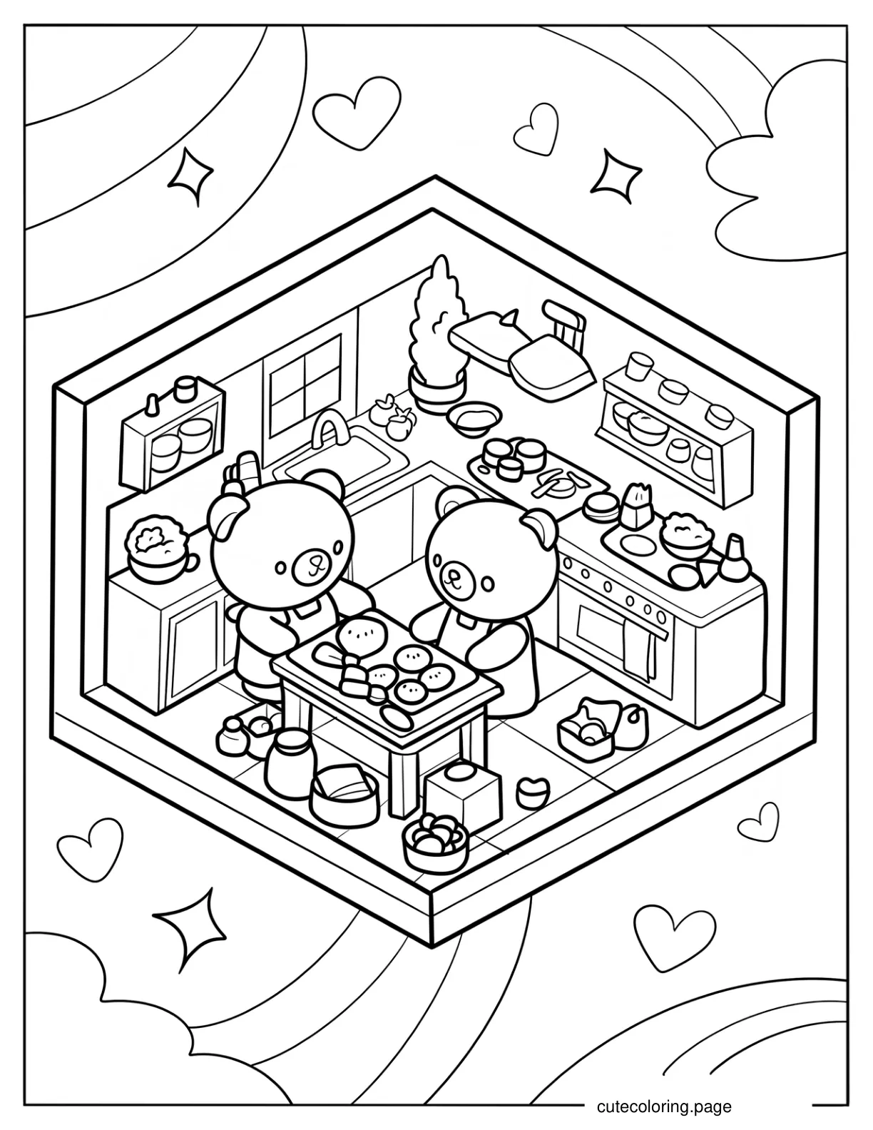 Kawaii Bears In Isometric Kitchen coloring page