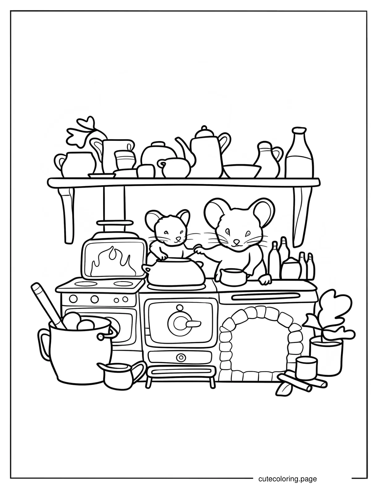 Mice Cooking In A Messy Kitchen Coloring Sheet For Kids coloring page