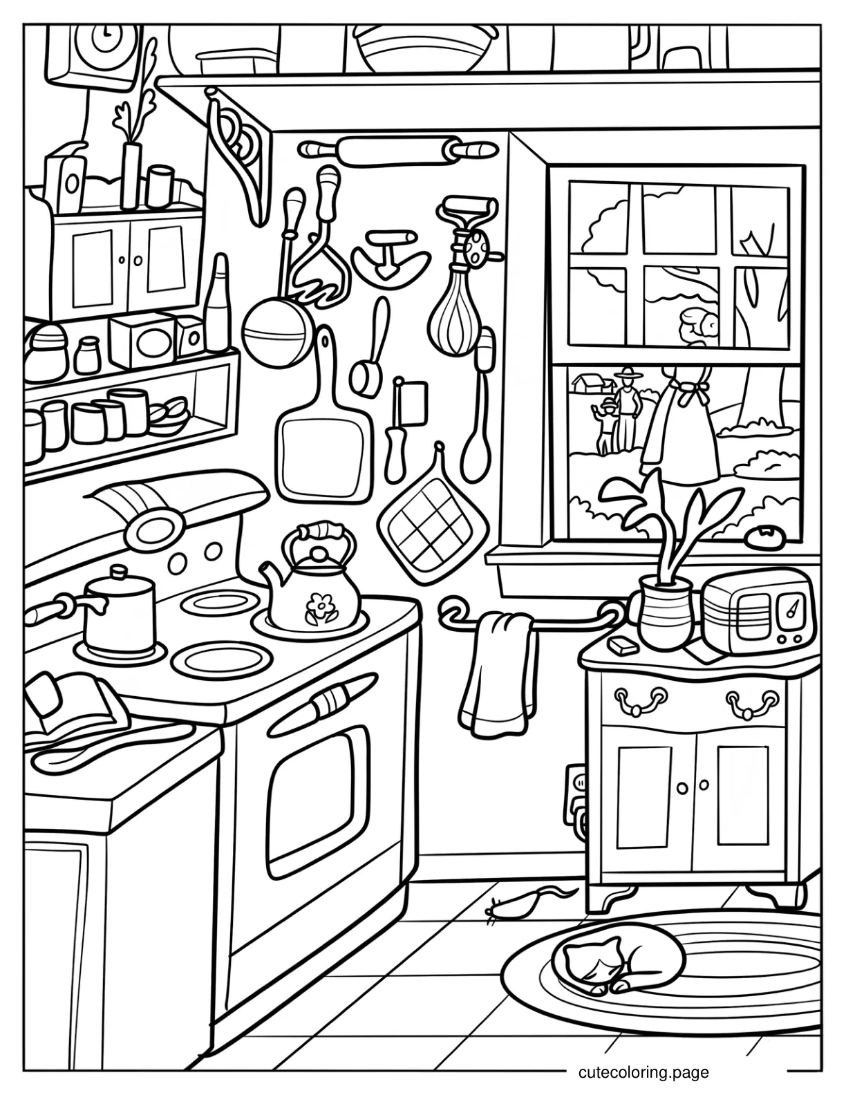 Vintage Kitchen With Cat Sleeping On The Floor coloring page