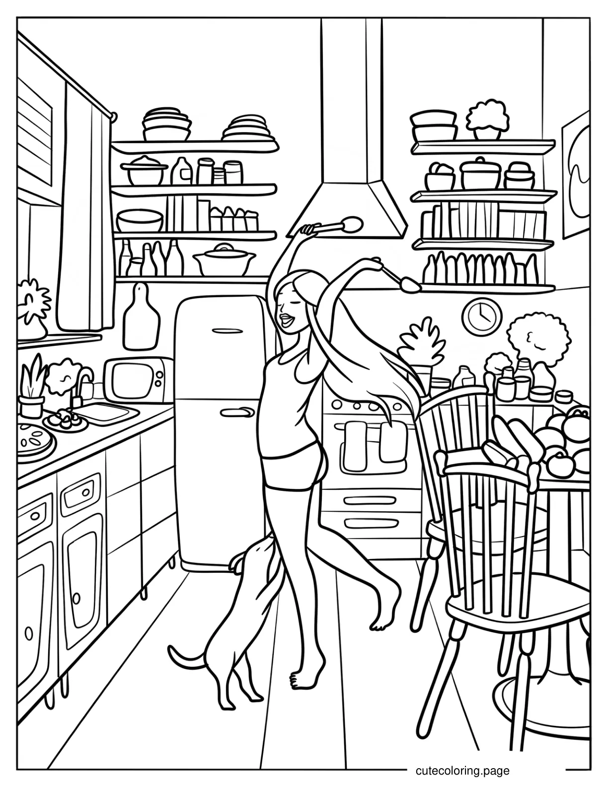 Woman And Dog Dancing In The Kitchen Coloring Page coloring page