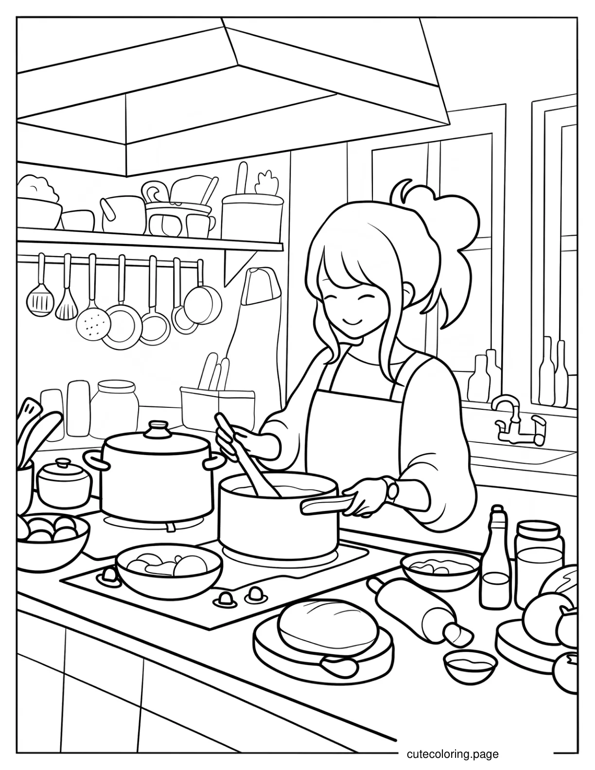 Woman Cooking In The Kitchen Coloring Page For Kids coloring page