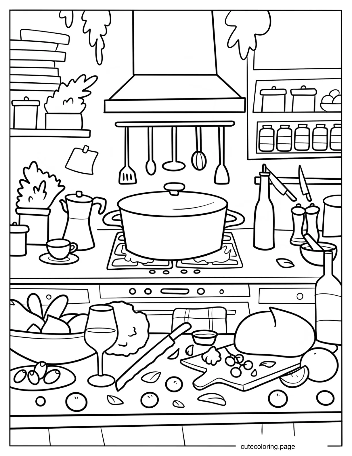 kitchen Countertop With Sliced Ingredients And Pot On The Stove coloring page