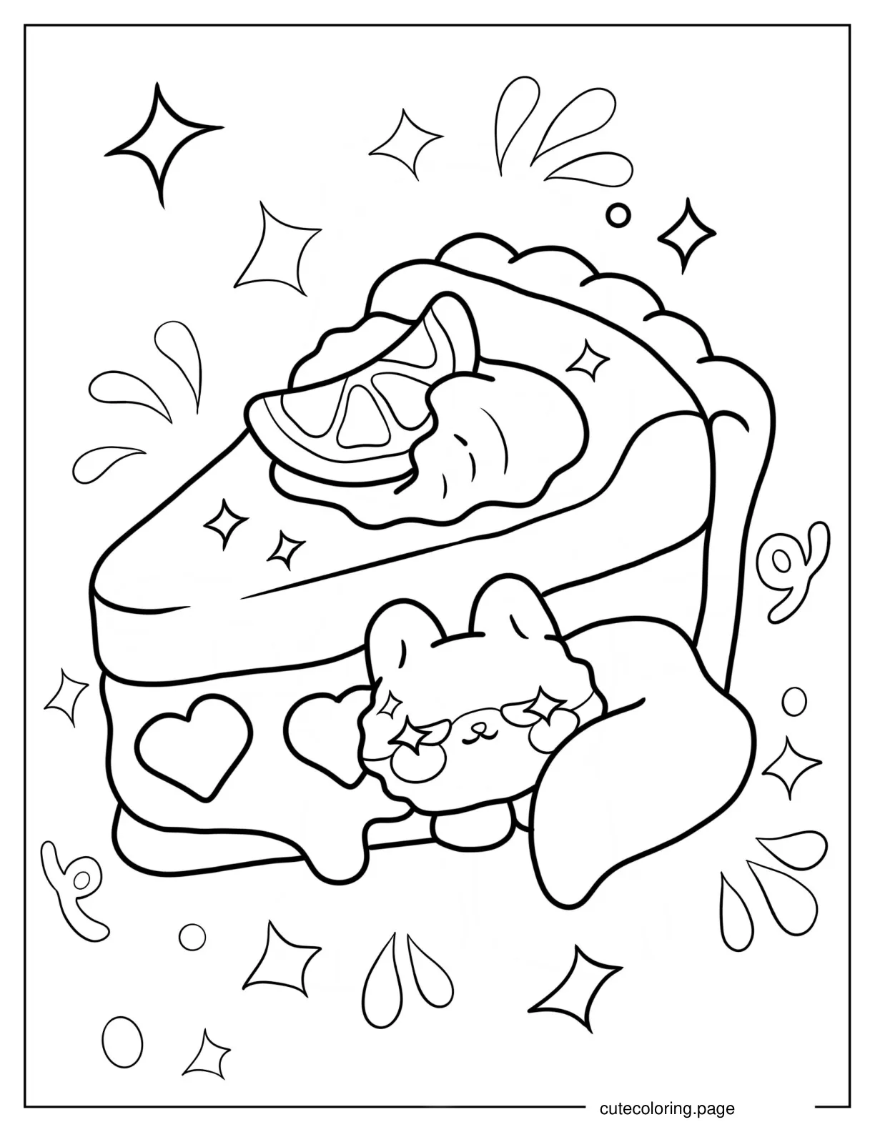 Cute Lemon Cake With Tiny Cat Coloring Sheet For Kids coloring page