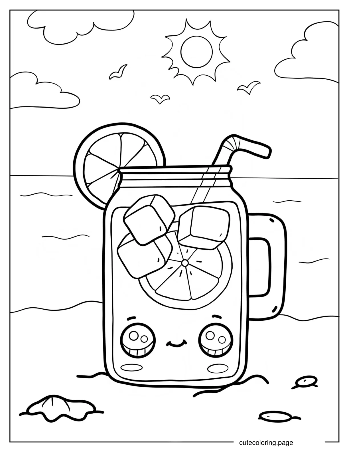 Lemonade In Mason Jar At The Beach Coloring Sheet For Kids coloring page