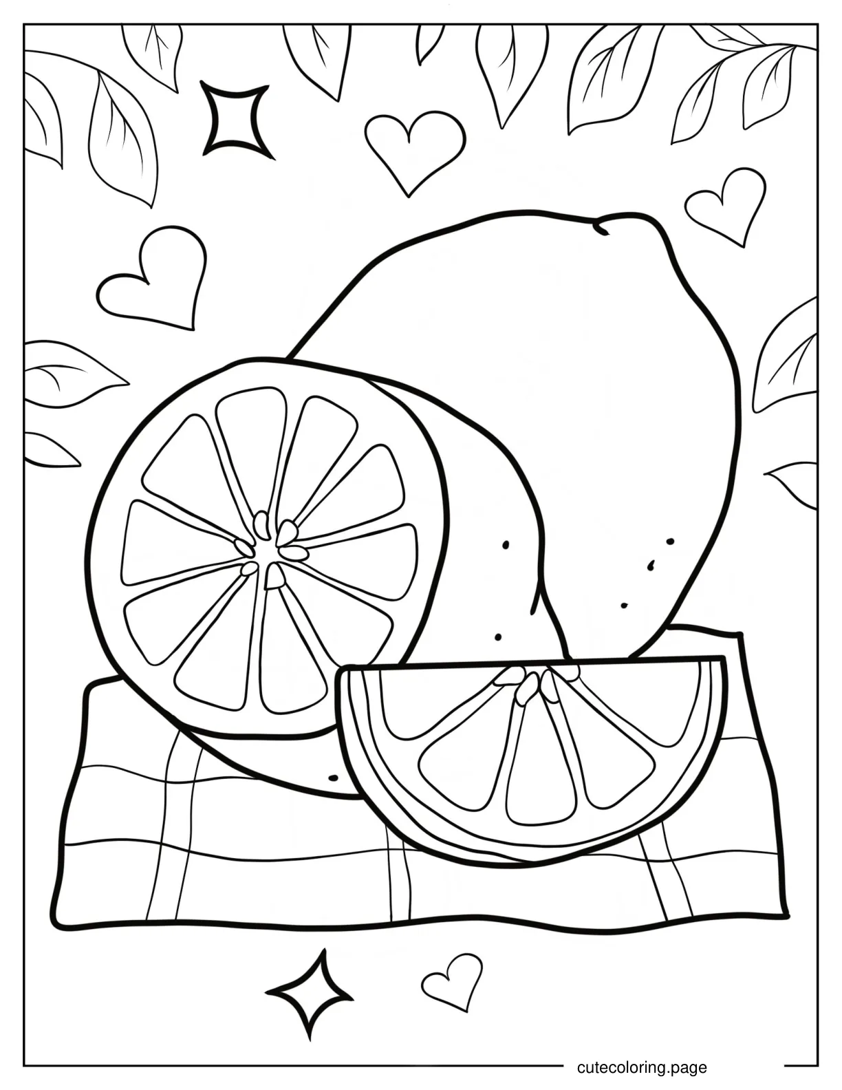 Simple Whole And Sliced Lemon Outline On Checkered Napkin coloring page