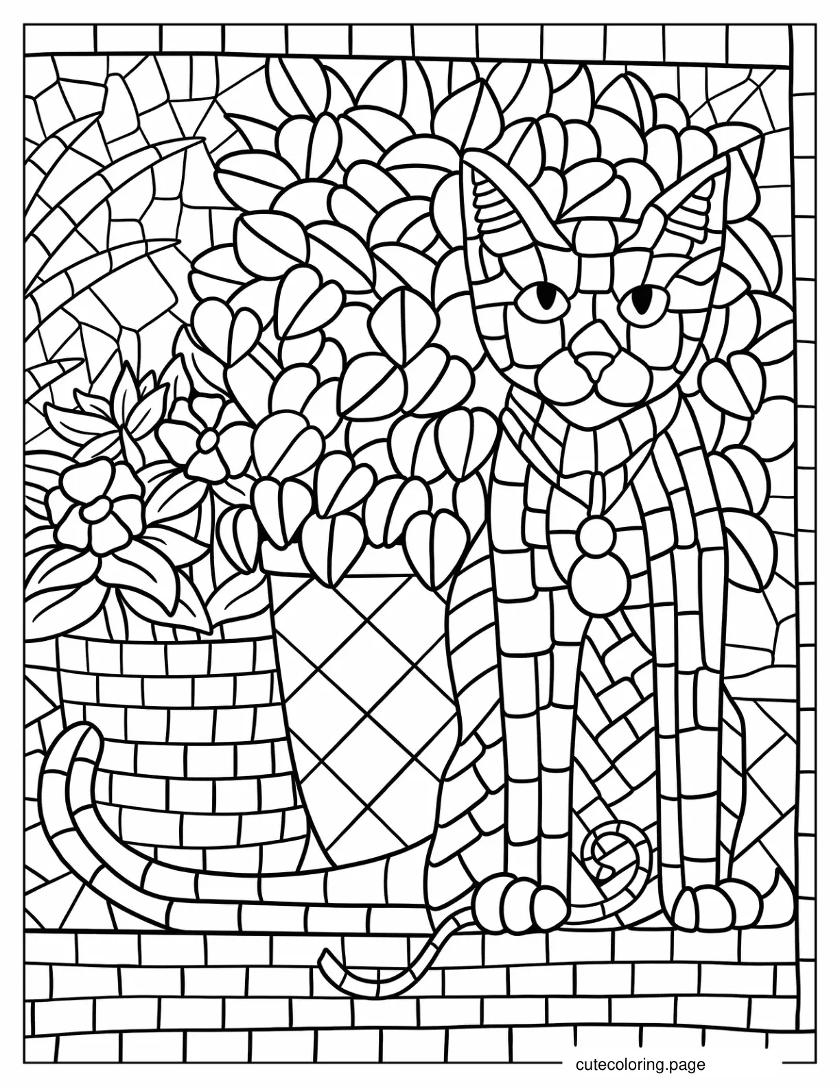 Cat With Collar Sitting Beside Basket Of Flowers Mosaic coloring page