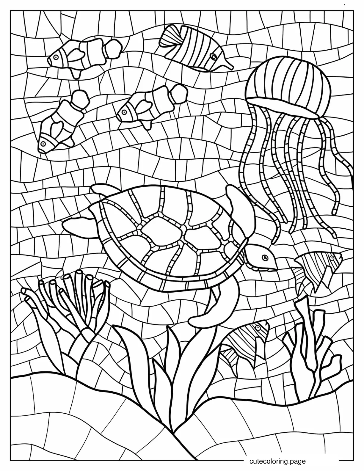 Fish Turtles And Jellyfish Underwater Mosaic coloring page