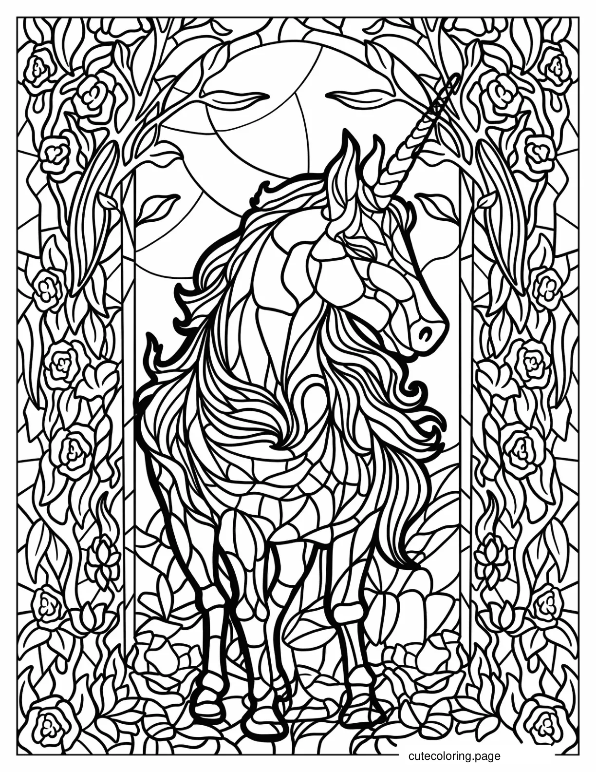 Intricate Unicorn Stained Glass Mosaic coloring page