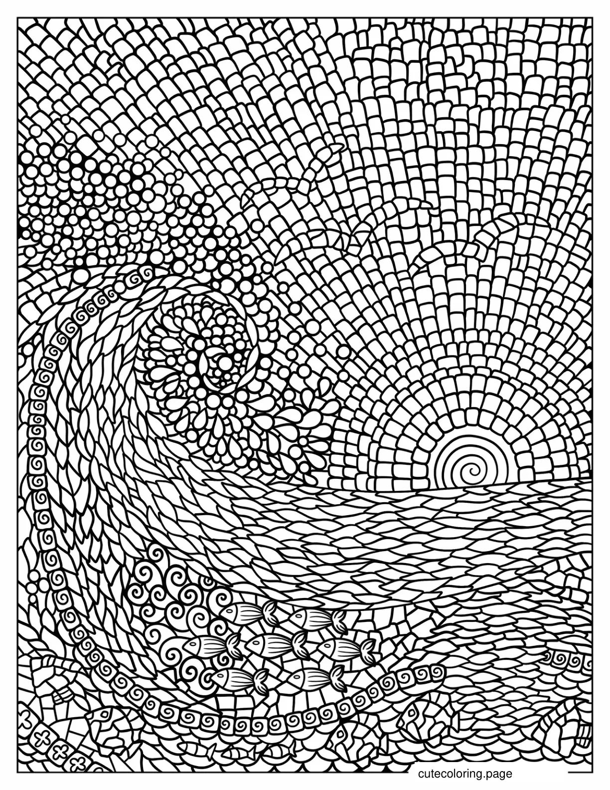 Intricate Waves Birds And Sunset Mosaic coloring page