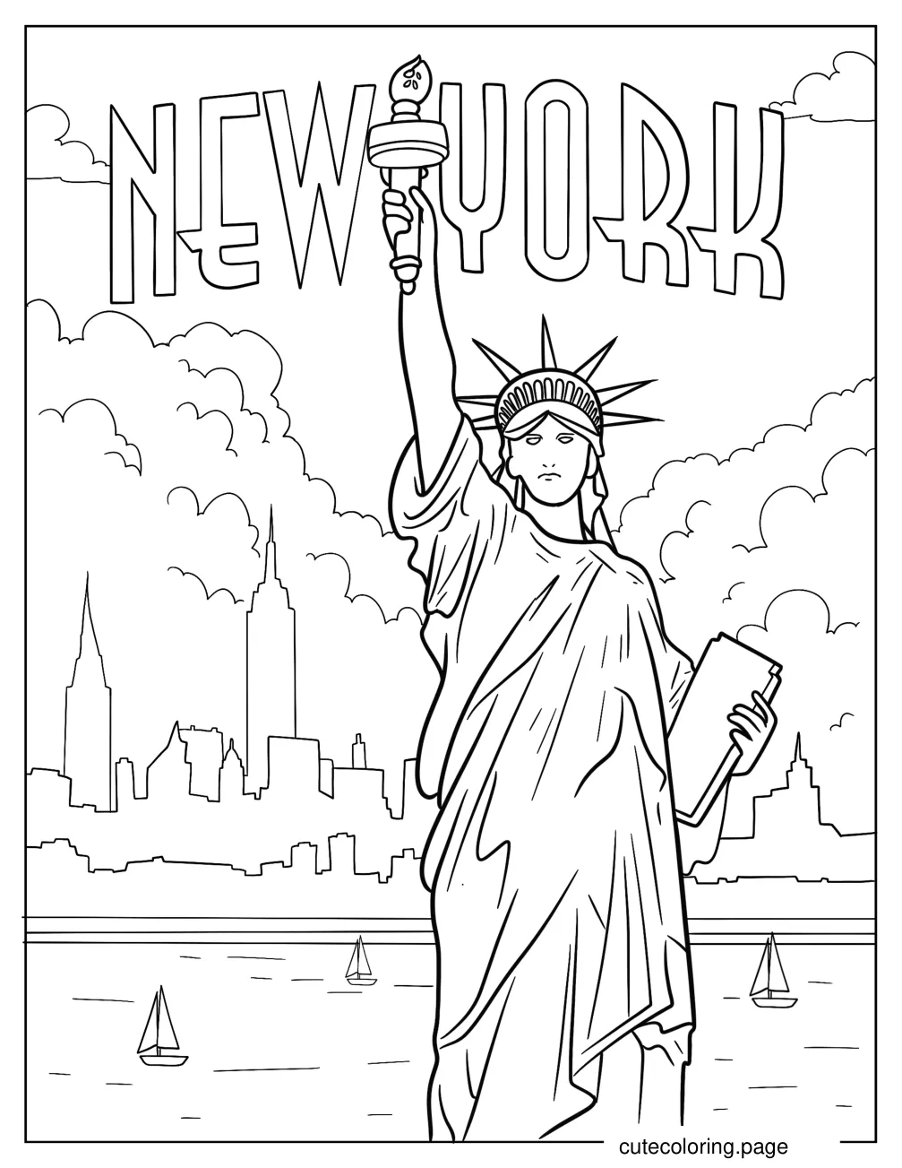 Vintage Statue Of Liberty With New York Sign coloring page