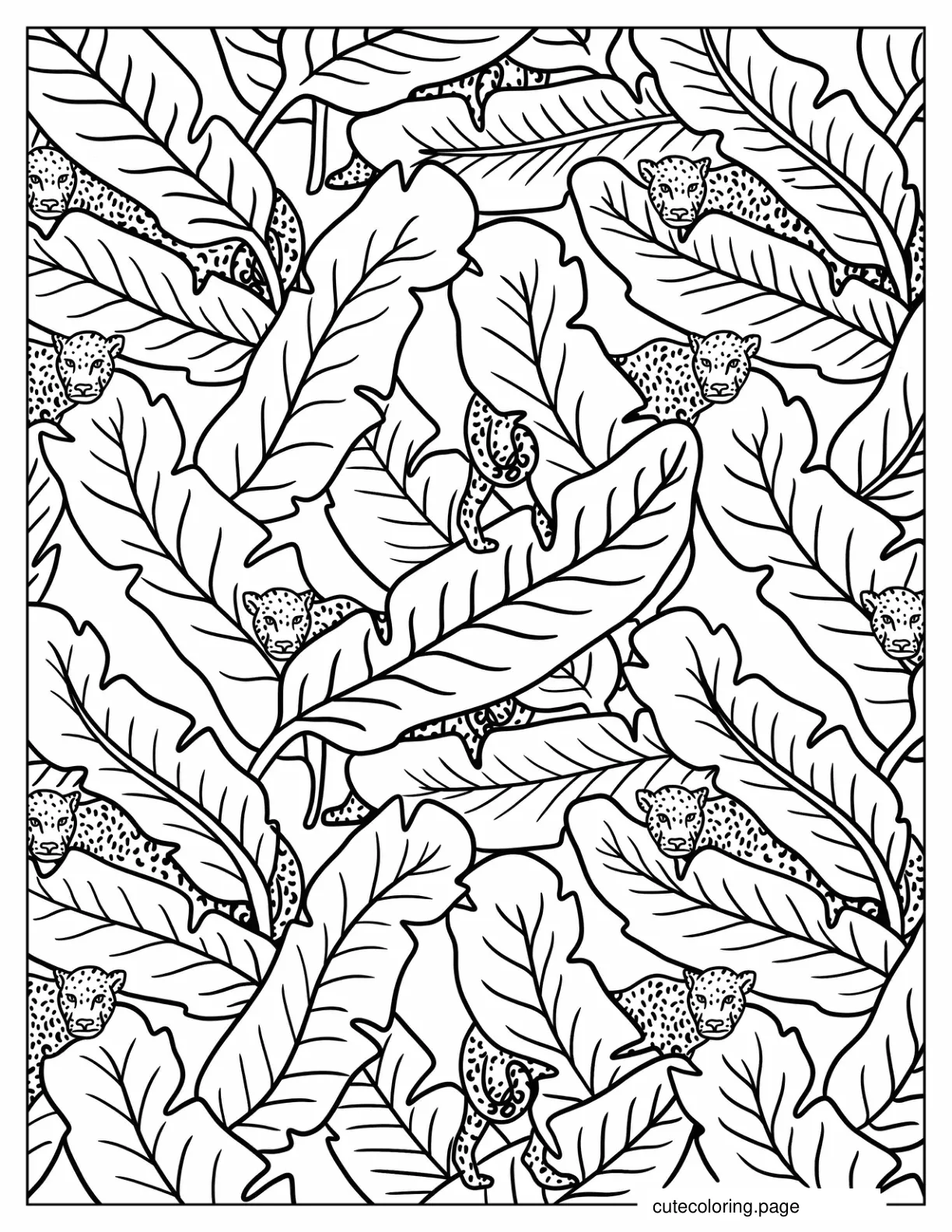 Cheetahs Peering From Huge Leaves Pattern Coloring Page coloring page