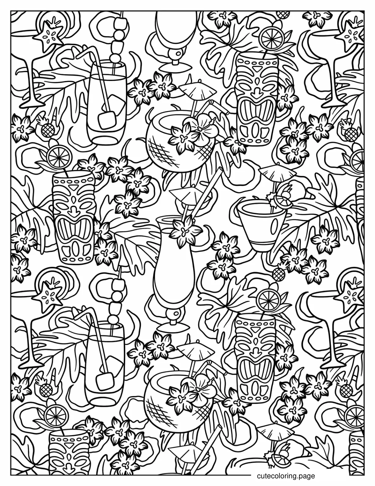 Cocktails And Tropical Elements Pattern Coloring Sheet coloring page