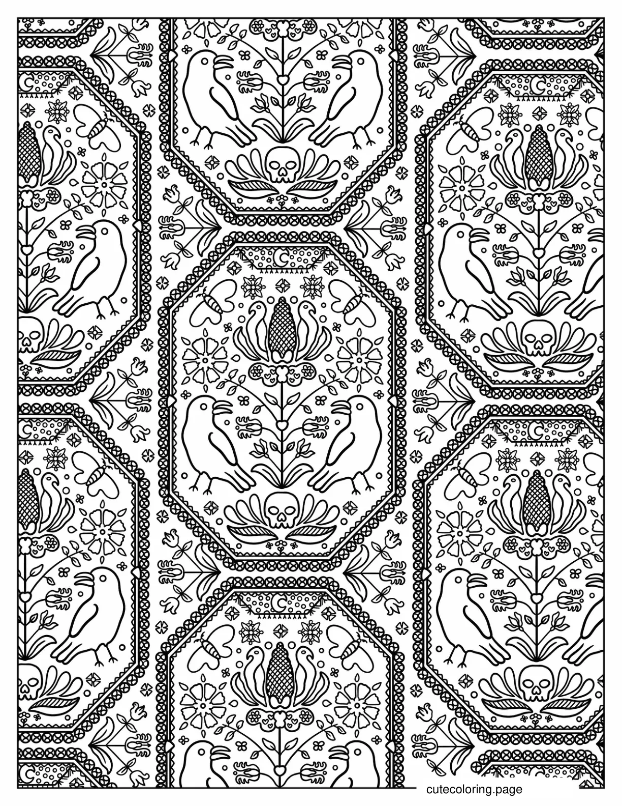 Crows Skull And Moths Pattern Coloring Page coloring page