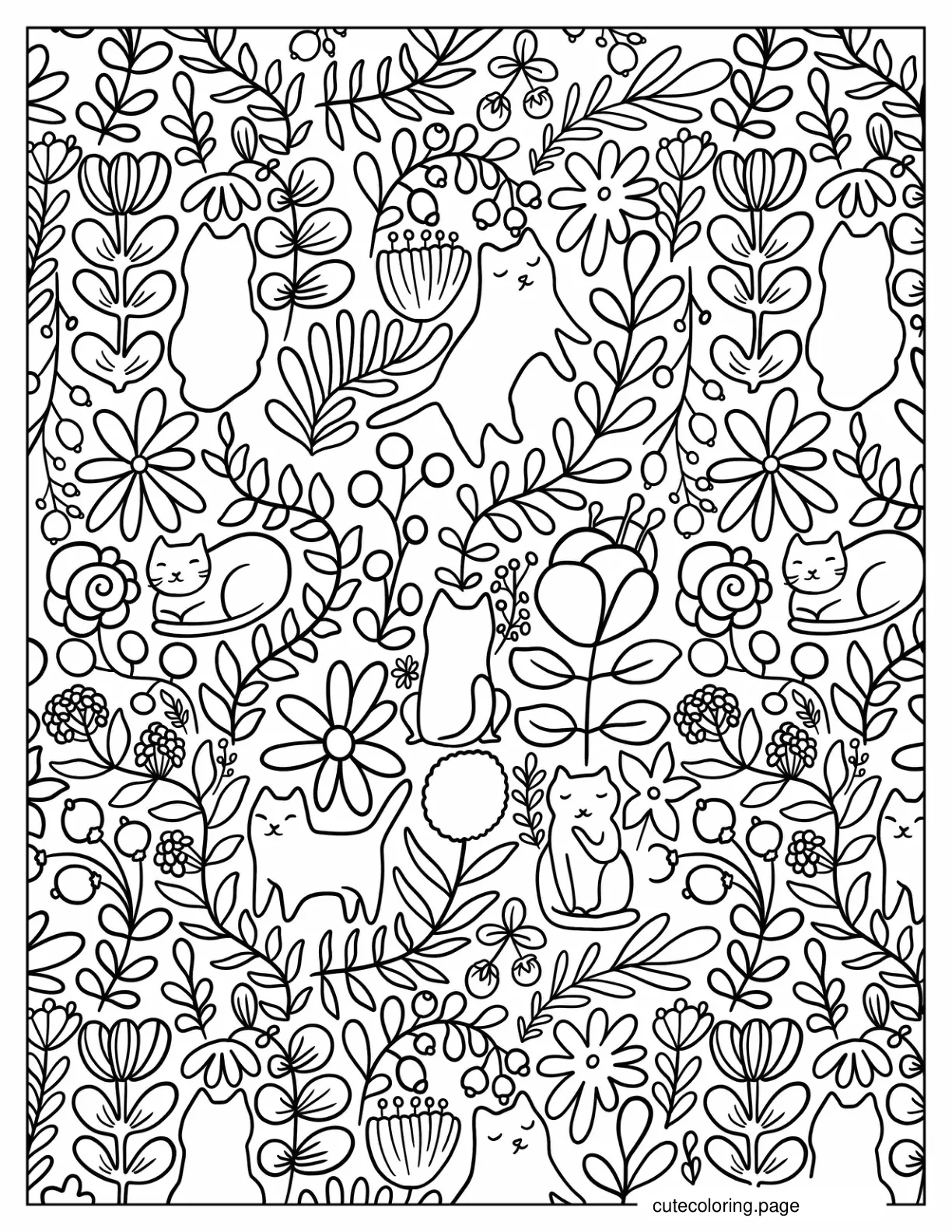 Easy Leaves And Cats Pattern Coloring Page For Kids coloring page