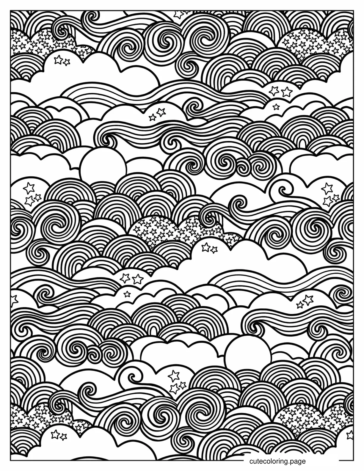 Intricate Rolling Clouds With Stars Pattern coloring page