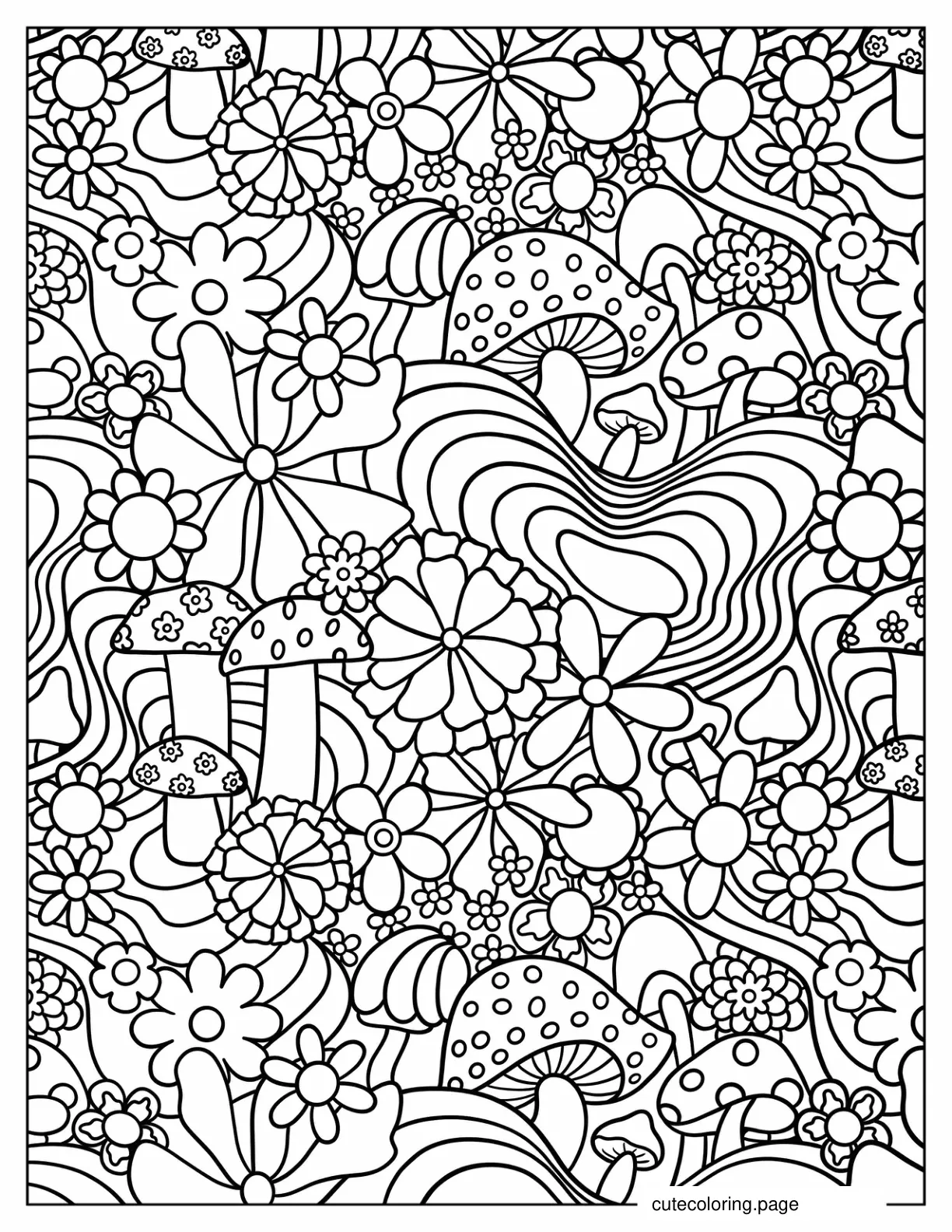 Trippy Mushroom And Flowers Pattern coloring page