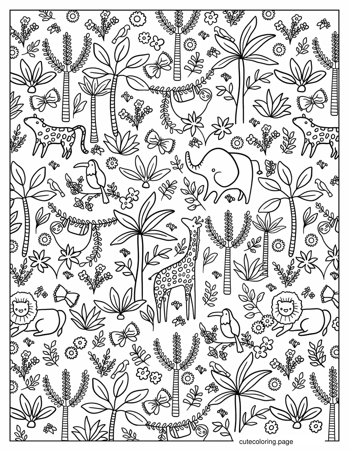 Wildlife Pattern With Elephants Birds And cheetahs coloring page