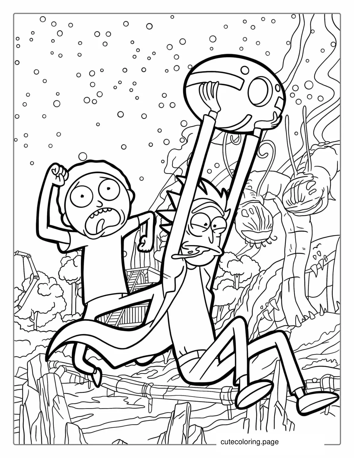 Rick And Morty Running From Alien Worm coloring page