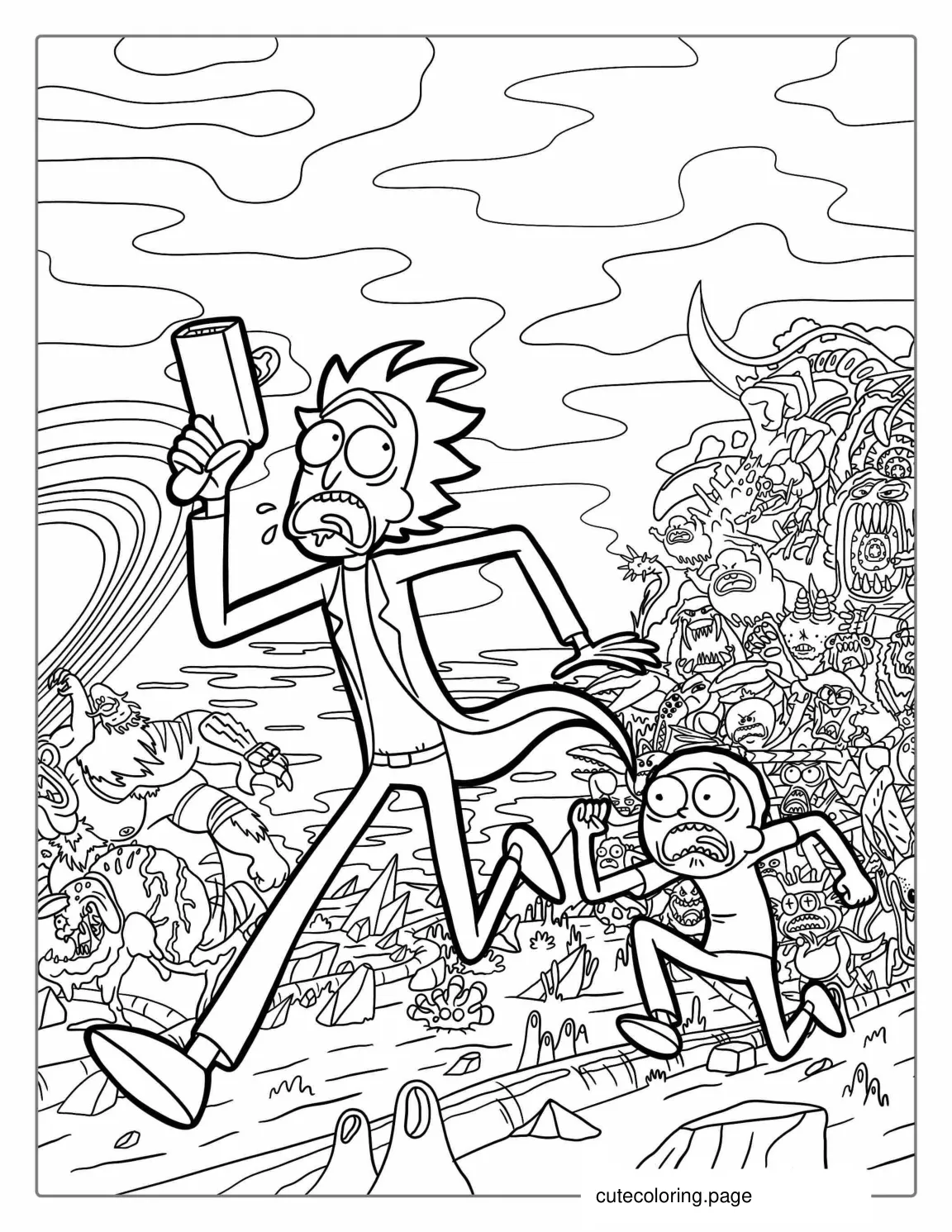 Rick And Morty Running From Aliens Coloring Page coloring page