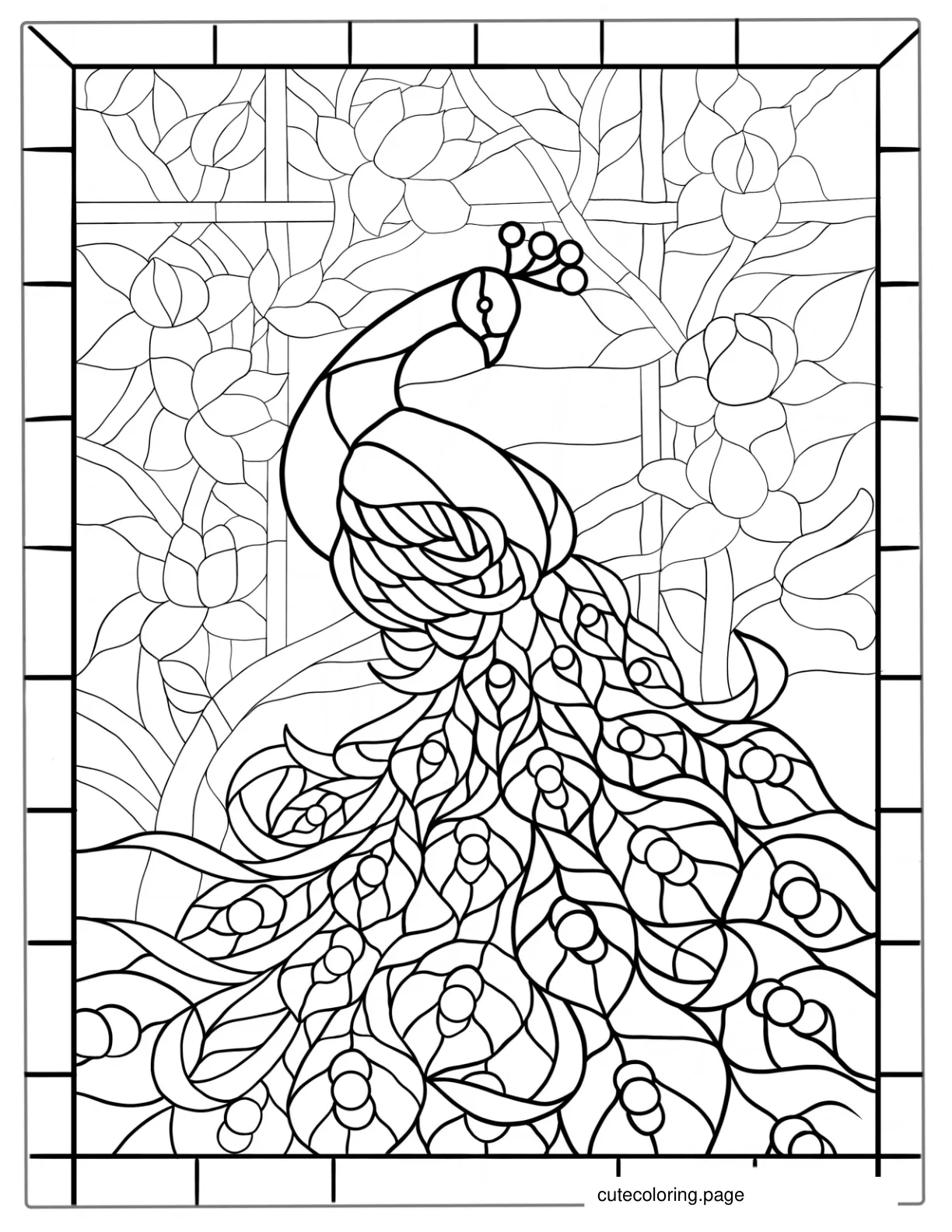 Detailed Stained Glass Peacock Coloring Page coloring page