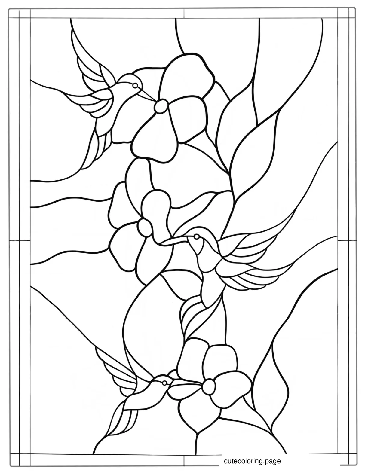 Stained Glass Flowers And Birds To Color coloring page