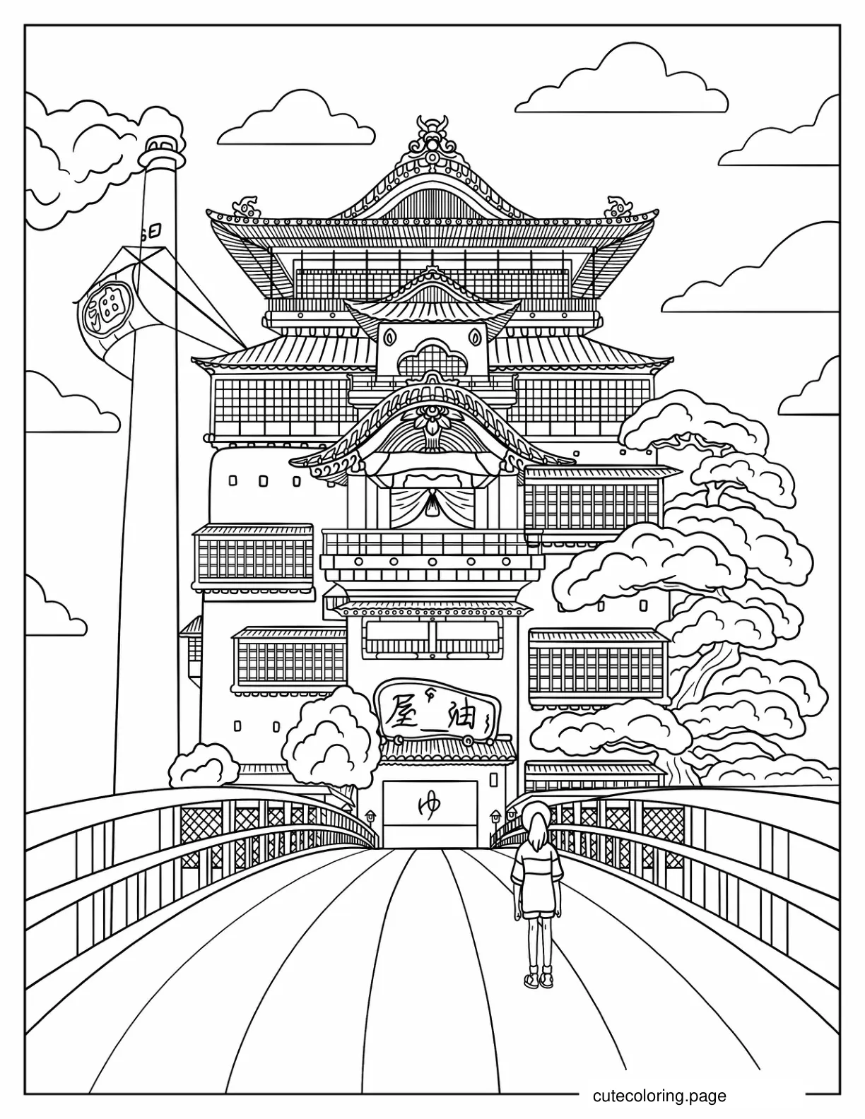 Chihiro Standing In Front Of Bath House Coloring Sheet coloring page