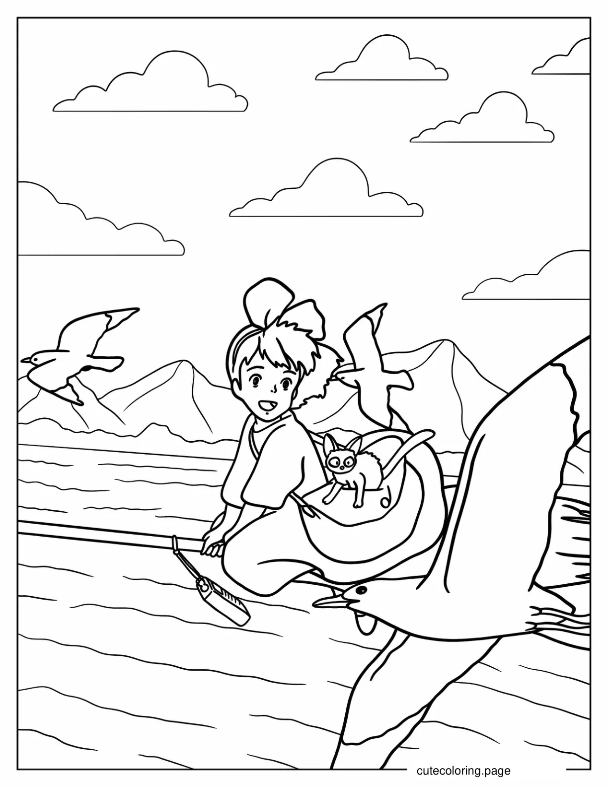 Kiki_s Delivery Service Riding Broom With Jiji Over Ocean coloring page