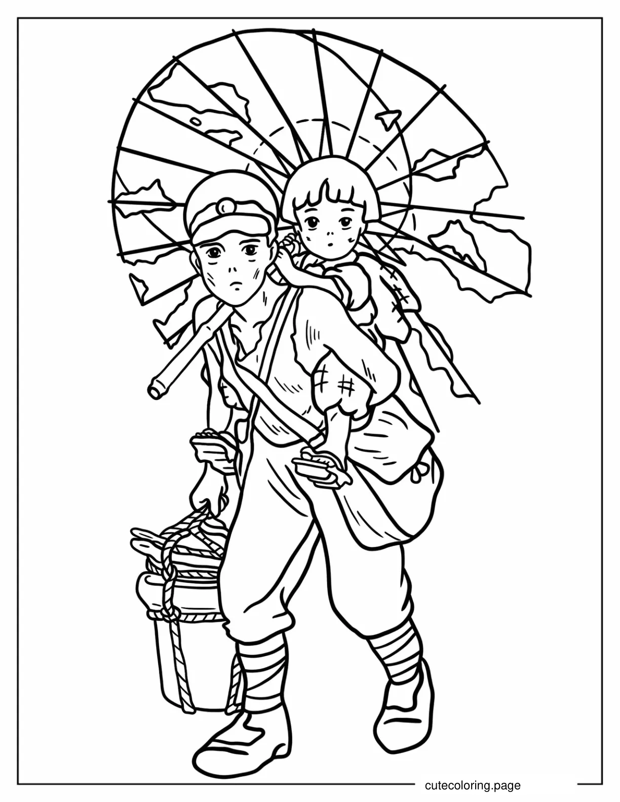 Outline Of Seita And Setsuko From Grave Of The Fireflies Coloring Sheet coloring page