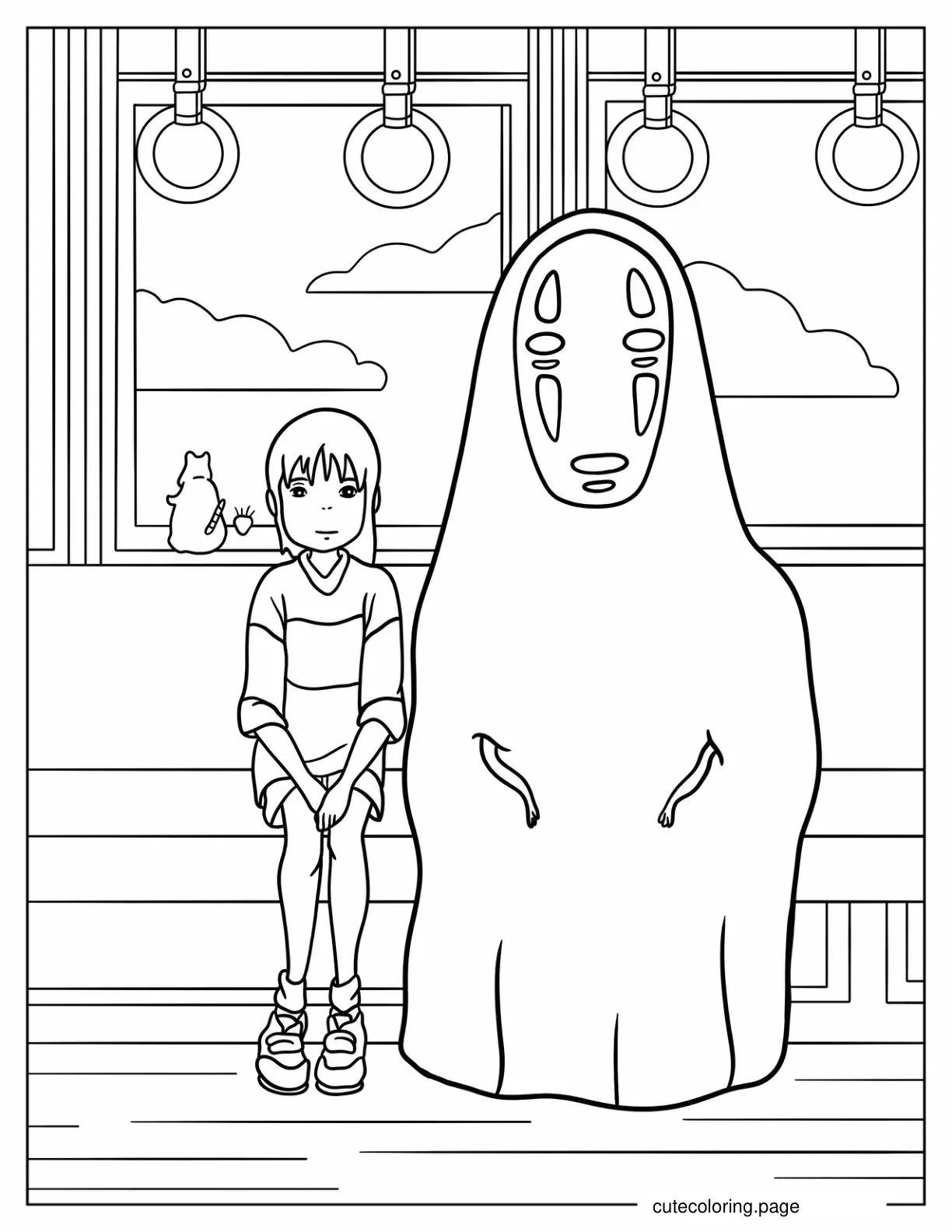 Spirited Away Chihiro Riding Train With No Face And Bo Coloring Page coloring page