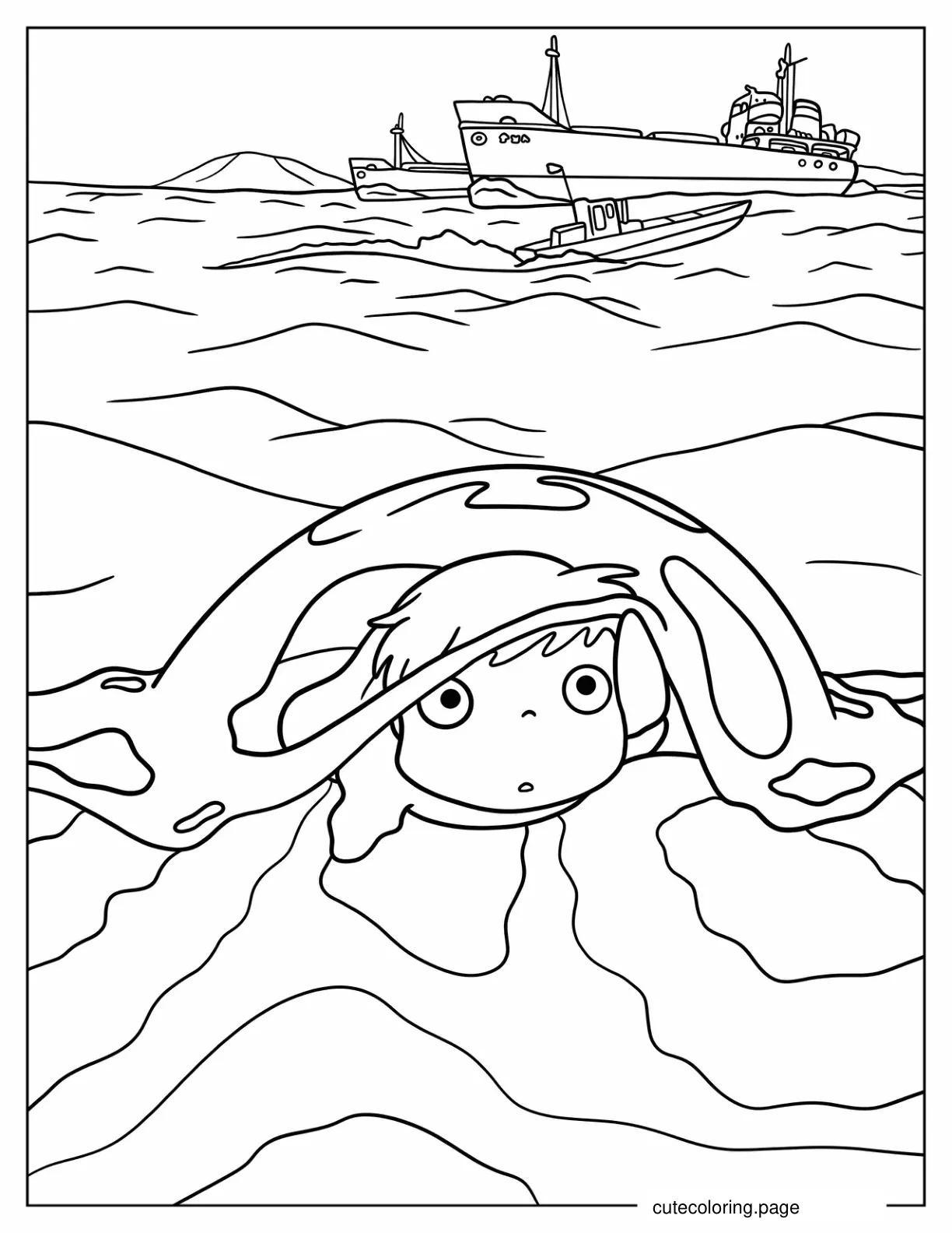 Studio Ghibli Ponyo Peering Above The Ocean Coloring Page coloring page