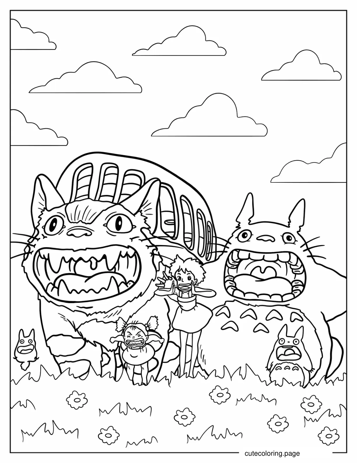 Totoro Catbus Mei And Satsuki Screaming Coloring Page coloring page