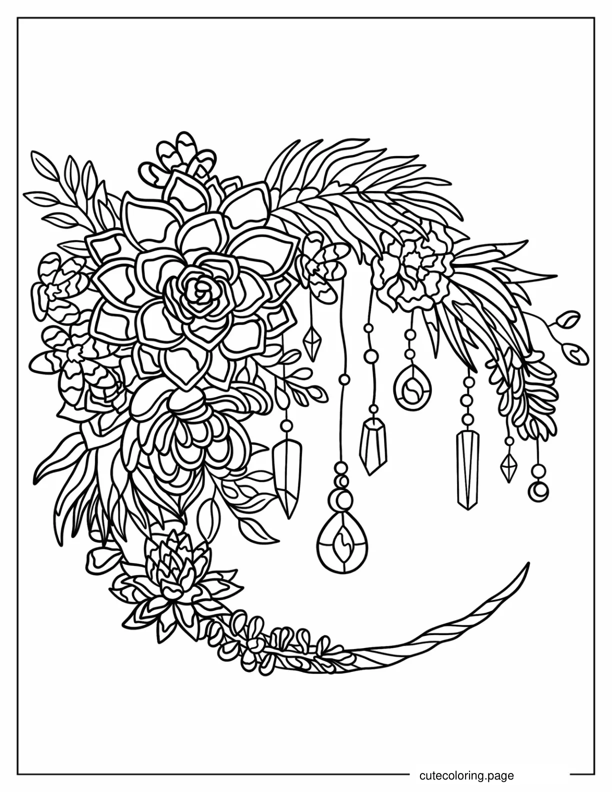 Crescent Moon With Crystals And Succulents Coloring Page coloring page