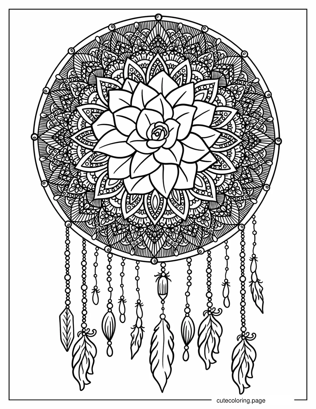 Detailed Succulent Mandala Dreamcatcher Coloring Page coloring page