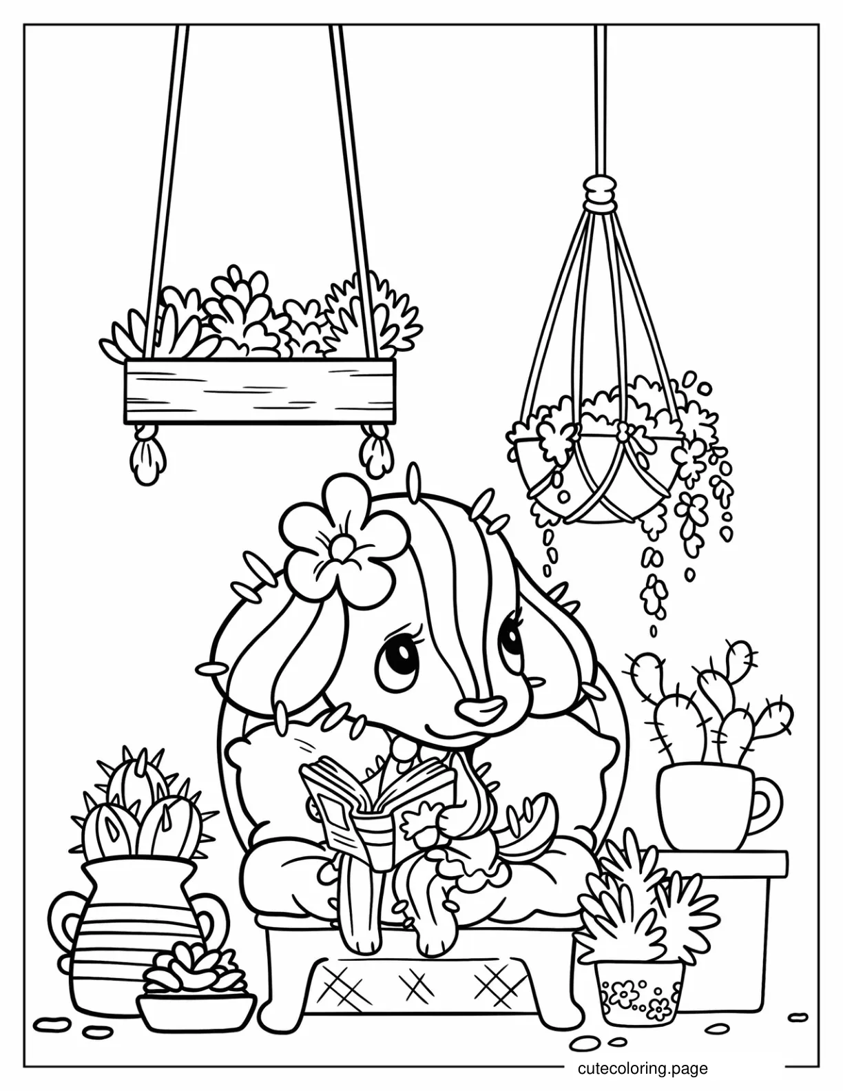 Dog Reading In Room Full Of Succulents Coloring Sheet  coloring page