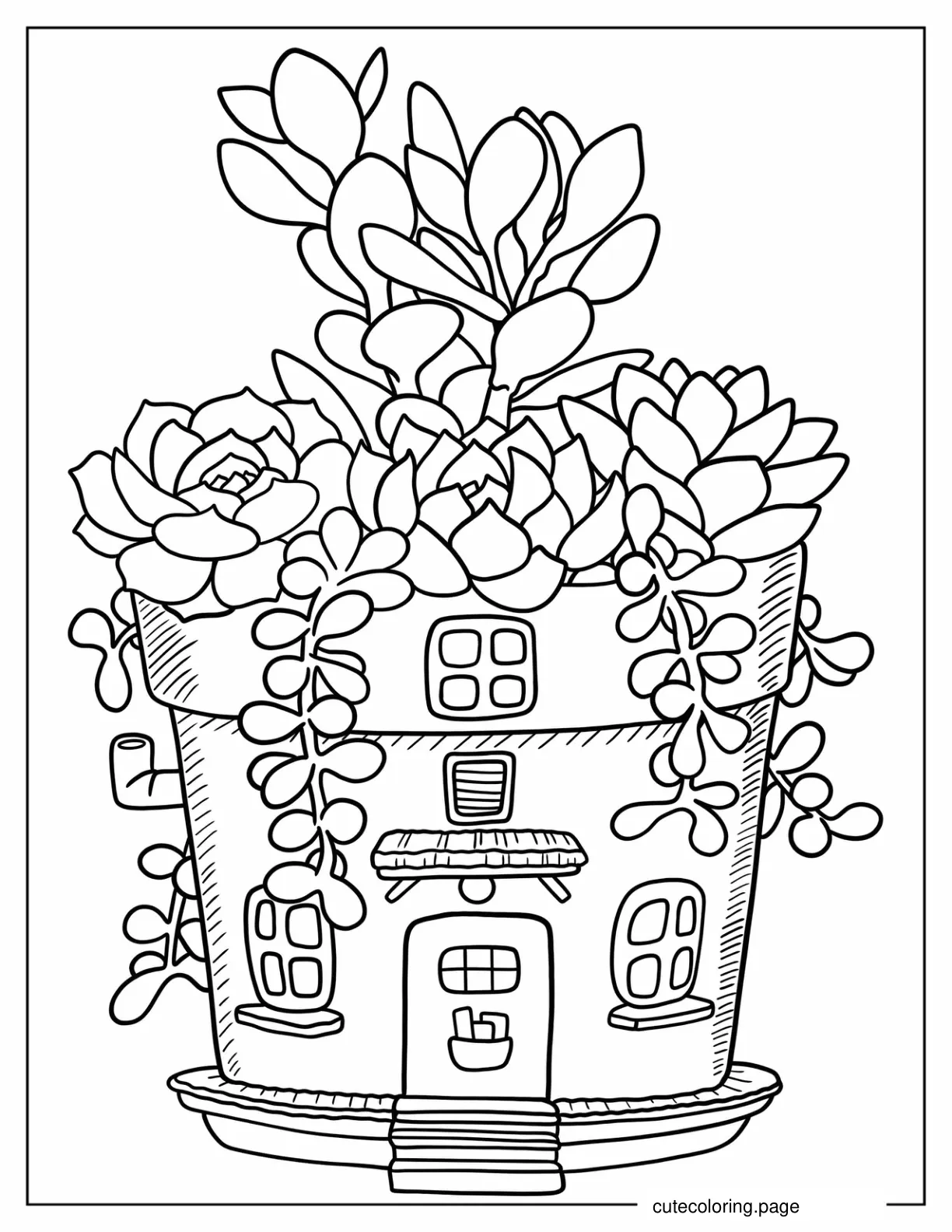 Easy Succulent Pot With Cottage Design coloring page