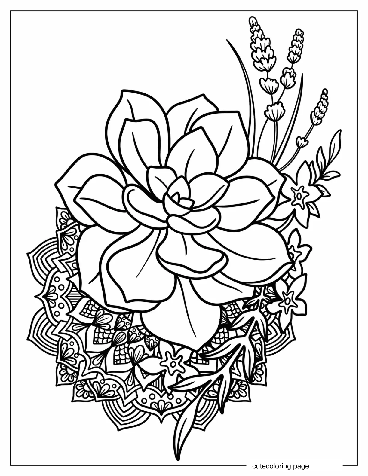 Echeveria Succulent Mandala With Flowers Coloring Page coloring page