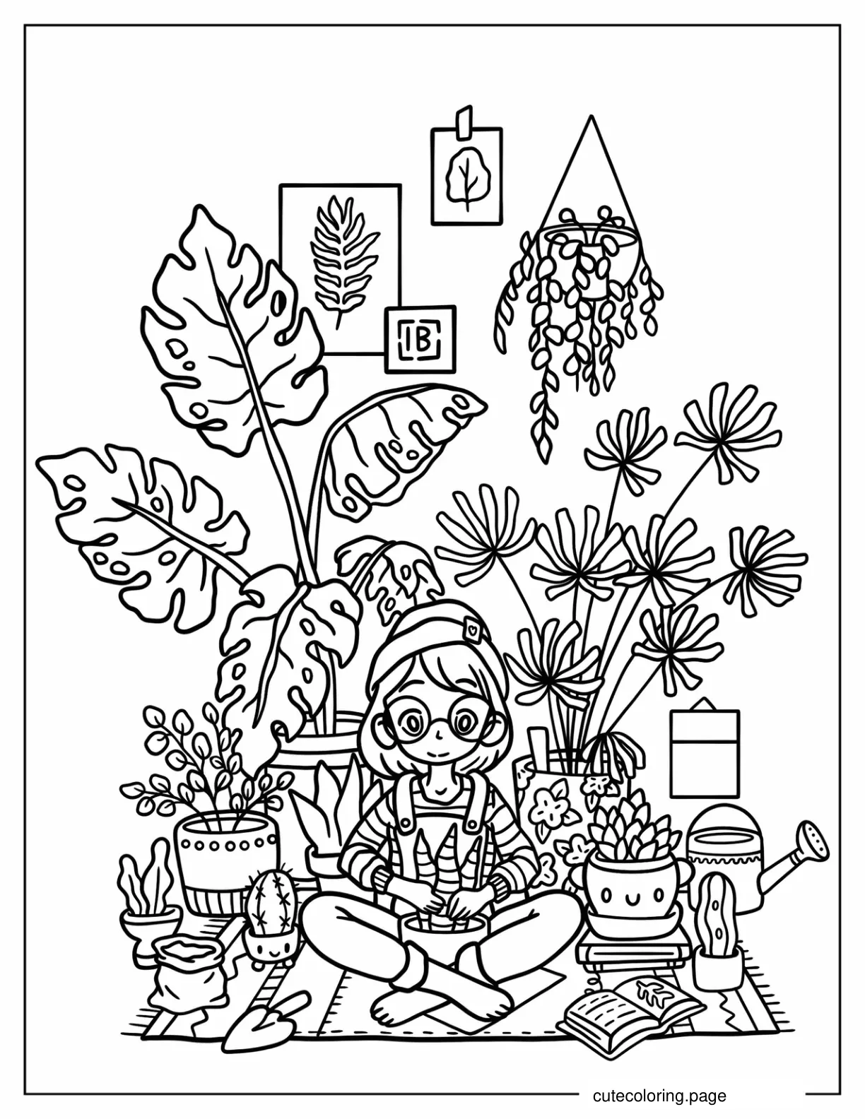 Girl Surrounded by Plants And Succulents Coloring Page coloring page