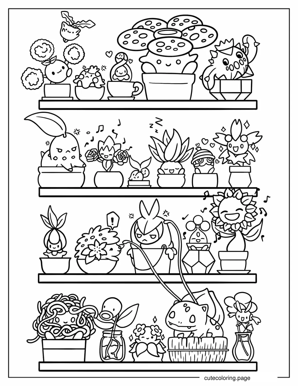 Pokemon Succulent Shelf With Bulbasaur Vileplume And Sunflora And Bellsprout coloring page