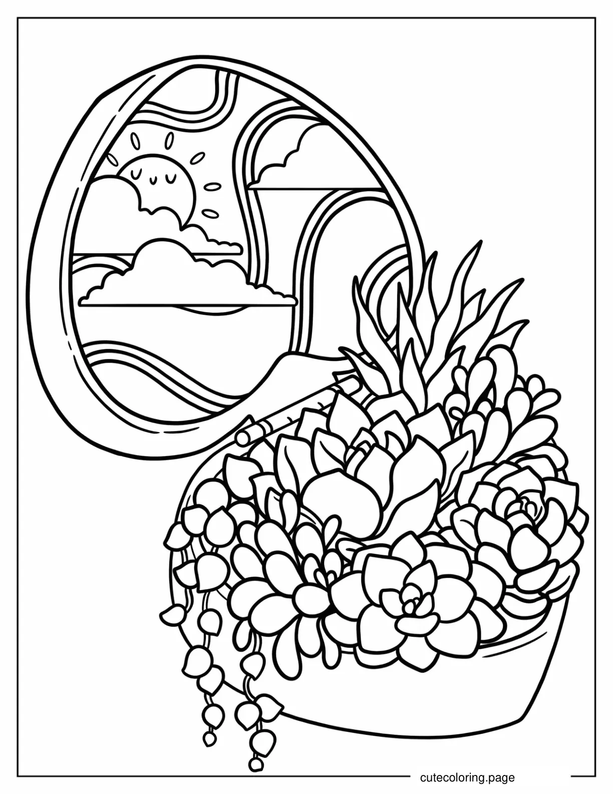 Succulents In Heart Shaped Compact Mirror Coloring Page coloring page