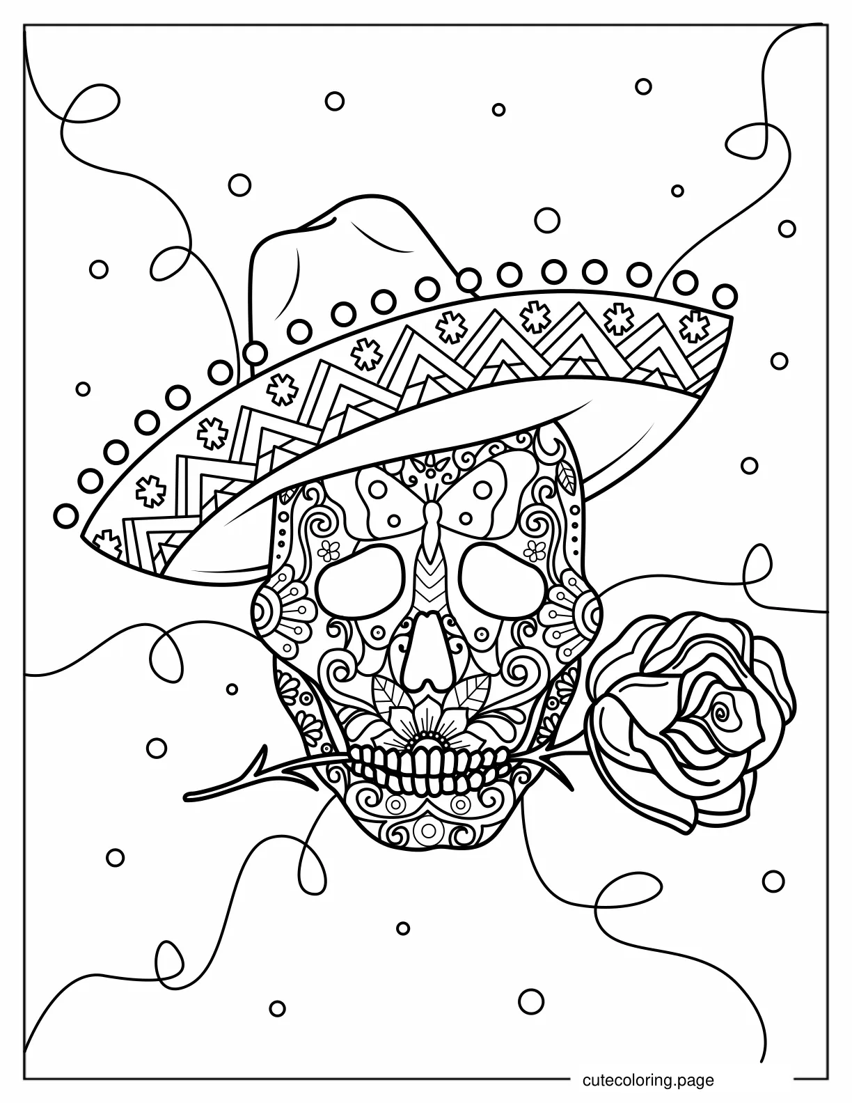 Coloring Page of Sugar Skull Wearing Sombrero coloring page