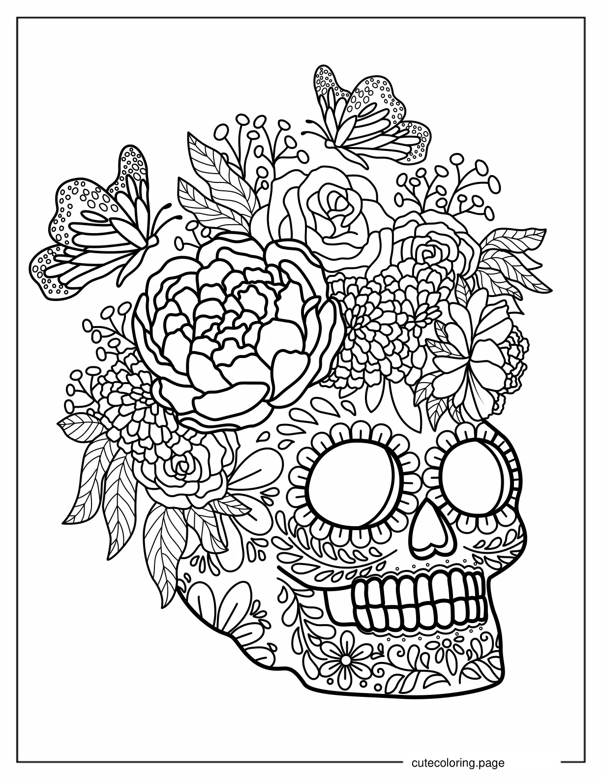 Coloring Page of Sugar Skull with Flowers and Butterflies coloring page