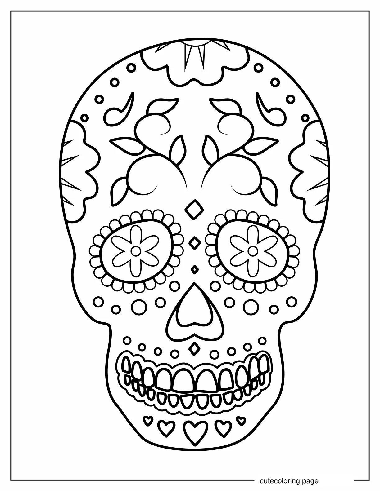 Coloring Page of Sugar Skull with Flowers and Hearts coloring page